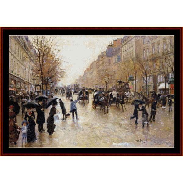 Counted Cross Stitch Pattern by Cross Stitch Collectibles depicting a rainy scene on a Parisian street with people, buildings, and a horse-drawn carriage.