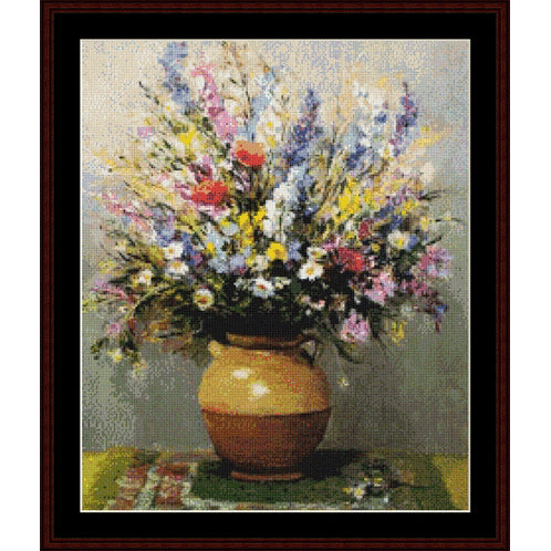 Counted Cross Stitch Pattern by Cross Stitch Collectibles of a vase with colorful flowers on a textured fabric background