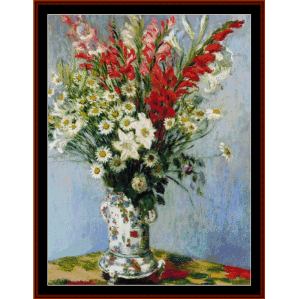 Counted Cross Stitch Pattern by Cross Stitch Collectibles depicting a bouquet of gladiolas in a vase, similar to Claude Monet's painting style.