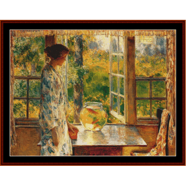 Counted Cross Stitch Pattern by Cross Stitch Collectibles depicting a scene with a woman standing by a window overlooking a garden, with a large fish bowl on the table in the foreground.