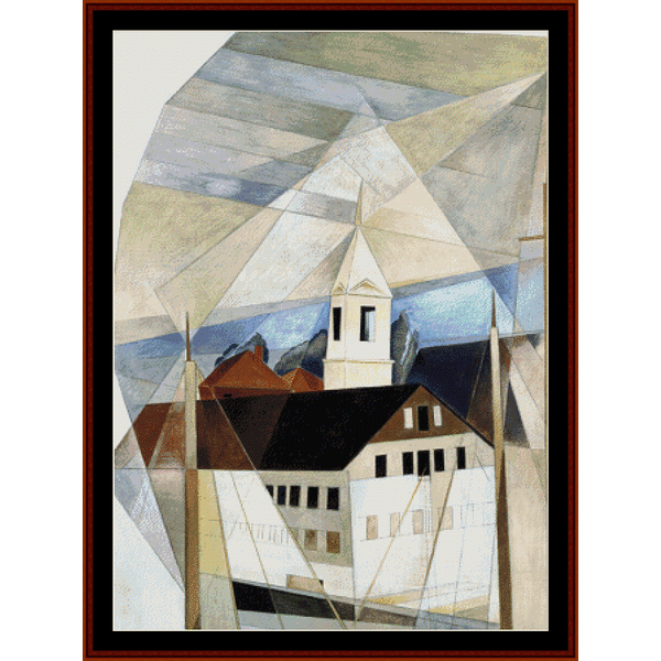 Counted Cross Stitch Pattern by Cross Stitch Collectibles depicting a geometrically stylized building, primarily in white and beige tones, with a geometric pattern in the background.