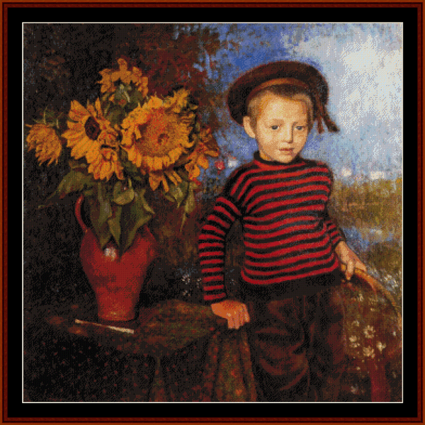 Counted Cross Stitch Pattern by Cross Stitch Collectibles depicting a young boy with sunflowers in the background, sitting next to a vase of sunflowers.