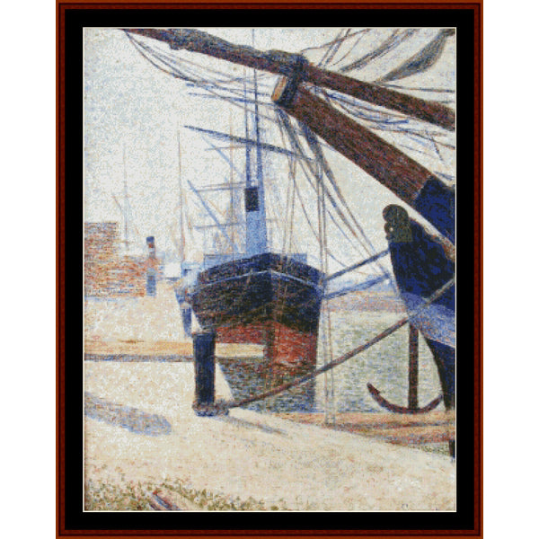 Corner of Harbor of Honfleur by Georges Seurat - A framed art print featuring an impressionist-style painting of a harbor scene with a large boat, masts, ropes, and a dockworker