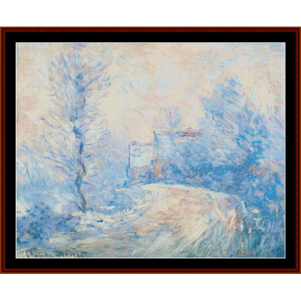 Counted Cross Stitch Pattern – Entrance to the Harbor by Georges Seurat - Cross Stitch Collectibles - An impressionist landscape painting featuring a snowy path winding through blue-toned trees and a small house under a pale sky.