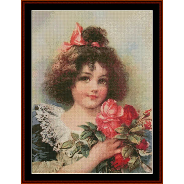 Counted Cross Stitch Pattern – Girl with Pink Roses, Vintage Art- Cross Stitch Collectibles