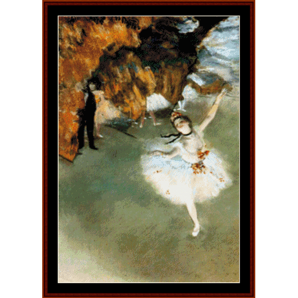 Counted Cross Stitch Pattern by Cross Stitch Collectibles featuring a painting of a ballerina in a pink tutu, performing on stage, with a backdrop of a cliff and a moonlit scene.