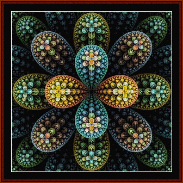 Colorful floral Counted Cross Stitch Pattern by Cross Stitch Collectibles on a black background