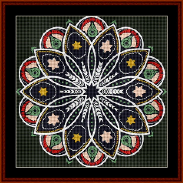 Colorful mandala Counted Cross Stitch Pattern by Cross Stitch Collectibles on a dark background