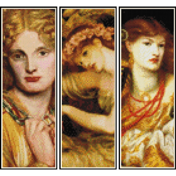Counted Cross Stitch Pattern – D.G. Rosetti Bookmark Collection Vol. 1 - Cross Stitch Collectibles - A three-panel triptych artwork featuring classical-style portraits of women in warm golden and red tones, with a visible pixelated/cross-stitch texture.