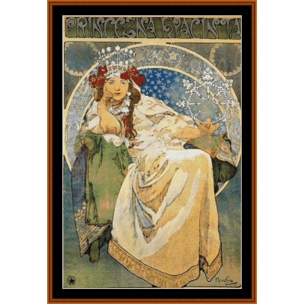 Counted Cross Stitch Pattern - Princess Hyacinth, 1911 by Alphonse Mucha - Cross Stitch Collectibles - A framed art print featuring an Art Nouveau style illustration of a seated woman in flowing cream and green garments, with a blue patterned backdrop and the title 'PRINCESSA VACINIA' at the top.