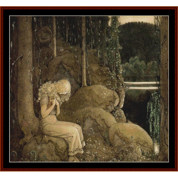 Counted Cross Stitch Pattern - Princess I Skogen by Jon Bauer - Cross Stitch Collectibles - A framed art print featuring a whimsical, fantasy-style illustration of a young girl sitting on a rock in a forest beside a body of water