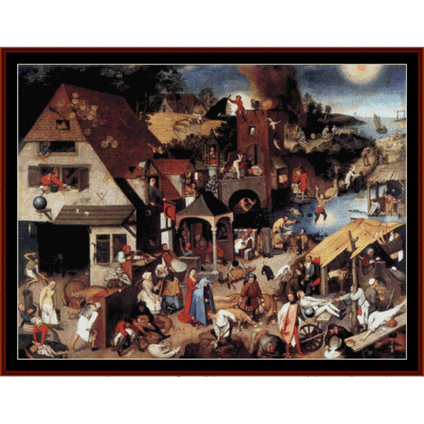 Counted Cross Stitch Pattern - Proverbs by Pieter Bruegel - Cross Stitch Collectibles - A framed art print featuring the famous Albrecht Dürer-style town scene with many figures, buildings, animals, and a river