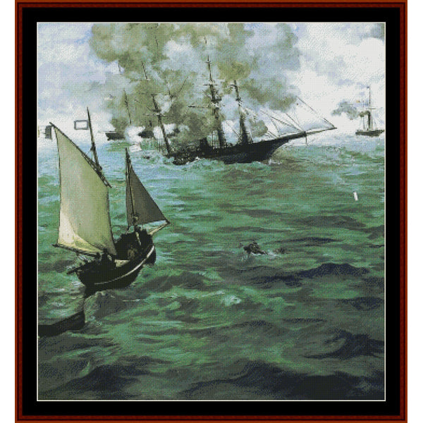 Counted Cross Stitch Pattern: Alabama and Kearsage by Edoard Manet - Cross Stitch Collectibles - A framed art print depicting a historical maritime scene with sailing and steam ships on green-blue water under a cloudy sky