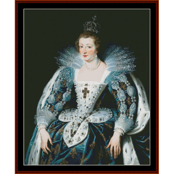 Counted Cross Stitch Pattern: Anna of Austria by Peter Paul Rubens - Cross Stitch Collectibles - A framed portrait painting of Queen Anna of Austria wearing an ornate blue and white jeweled gown with a crown
