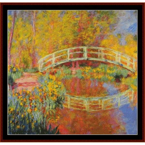 Counted Cross Stitch Pattern by Cross Stitch Collectibles of a bridge over a pond with flowers and trees