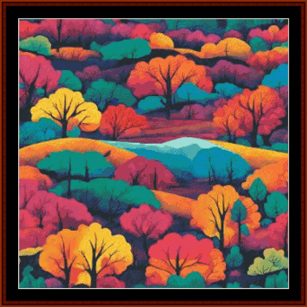 Counted Cross Stitch Pattern by Cross Stitch Collectibles depicting a landscape with vibrant trees and a blue sky