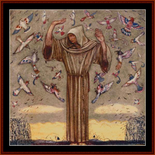 Counted Cross Stitch Pattern by Cross Stitch Collectibles depicting a figure with outstretched arms surrounded by birds in flight.