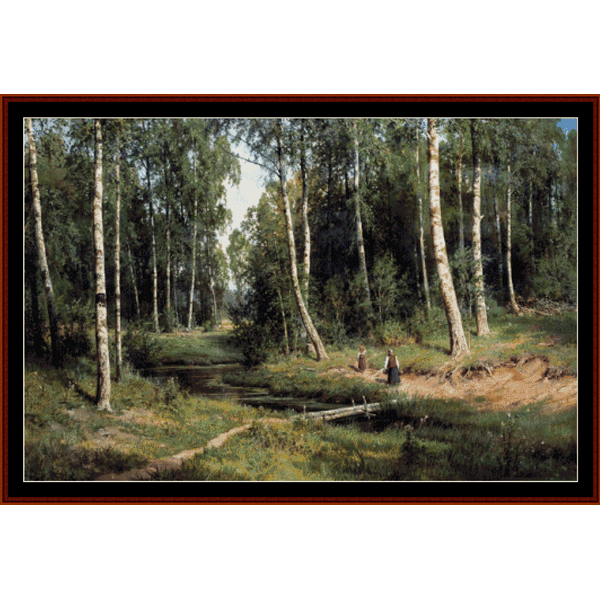 Counted Cross Stitch Pattern by Cross Stitch Collectibles depicting a birch forest with a brook, inspired by the art of Ivan Shishkin