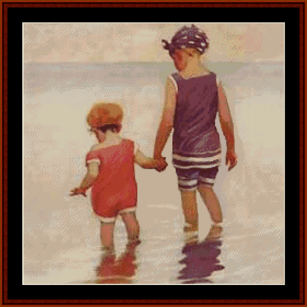 Counted Cross Stitch Pattern by Cross Stitch Collectibles depicting two children at the beach, with one child in a red swimsuit and the other in a purple swimsuit, holding hands and looking out at the ocean.