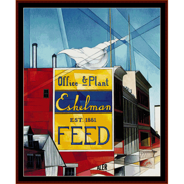 Counted Cross Stitch Pattern by Cross Stitch Collectibles of a feed store with a prominent sign, featuring colors and architectural elements.