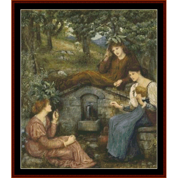 Counted Cross Stitch Pattern by Cross Stitch Collectibles featuring a historical or fantasy scene with multiple figures seated around a well, engaging in conversation or activities.