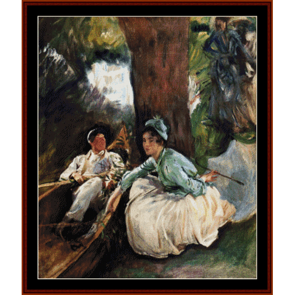 Counted Cross Stitch Pattern by Cross Stitch Collectiblesof two people sitting under a tree, one holding a parasol.