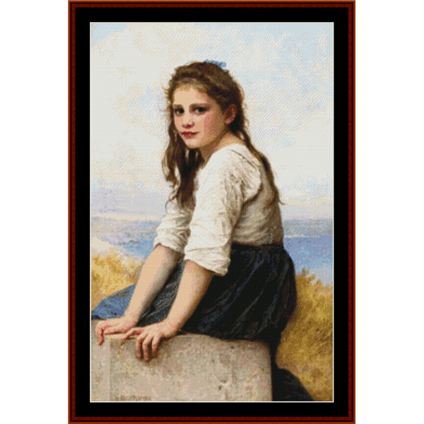 Counted Cross Stitch Pattern by Cross Stitch Collectibles of a young girl sitting on a stone by the sea.