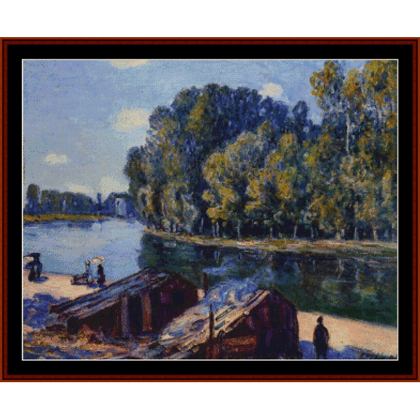 Counted Cross Stitch Pattern by Cross Stitch Collectiblesof a river scene with boats and trees