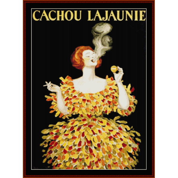 Counted Cross Stitch Pattern by Cross Stitch Collectibles - Vintage-style advertisement for Cachou Lajaunie featuring a woman in a colorful dress with a dark background.