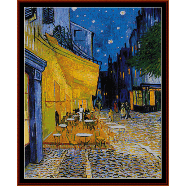 A poster-size Counted Cross Stitch Pattern by Cross Stitch Collectibles depicting 'Cafe Terrace' by Vincent Van Gogh, showing a vibrant street scene at night with a cafe and people.