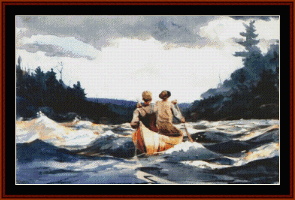 Counted Cross Stitch Pattern by Cross Stitch Collectibles of a painting depicting a canoe in rough waters with a clear sky and pine trees in the background.