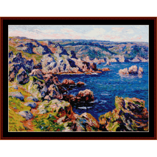 Landscape Counted Cross Stitch Pattern by Cross Stitch Collectibles of a coastal scene with cliffs and ocean.