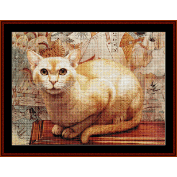 Counted Cross Stitch Pattern by Cross Stitch Collectibles depicting a vintage image of a cat perched on a surface with decorative elements in the background