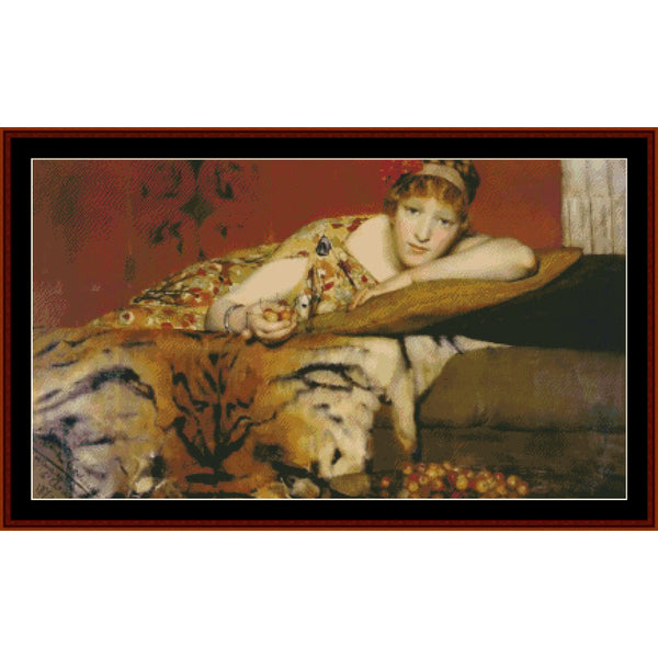 Counted Cross Stitch Pattern – Cherries by Lawrence Alma Tadema - Cross Stitch Collectibles - A framed vintage-style painting depicting a woman reclining on a tiger, with warm red-brown tones