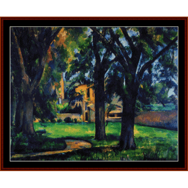 Counted Cross Stitch Pattern by Cross Stitch Collectibles depicting a landscape with chestnut trees and a farm, inspired by the artwork of Paul Cezanne.