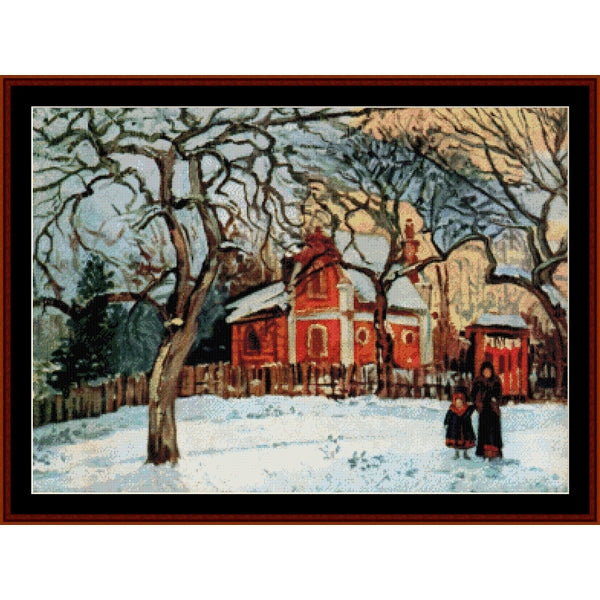 Counted Cross Stitch Pattern – Chestnut Trees in Winter, 1872 by Camille Pissarro - Cross Stitch Collectibles - A framed winter landscape artwork showing snow-covered ground, bare trees, a red building, and two small figures in dark clothing.