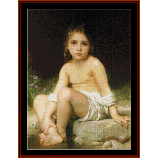 Counted Cross Stitch Pattern by Cross Stitch Collectibles featuring a young girl sitting by a stone fountain, reminiscent of the classic painting 'Child at Bath' by Bouguereau.