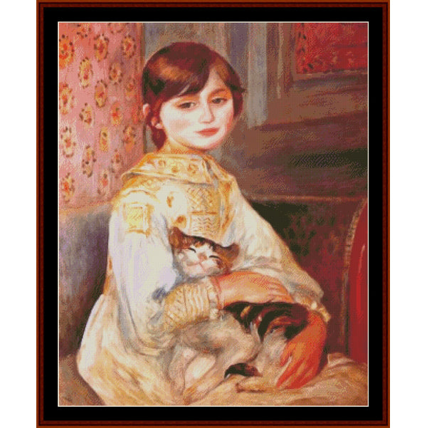 Counted Cross Stitch Pattern by Cross Stitch Collectibles of a young girl holding a cat in a room with floral curtains.