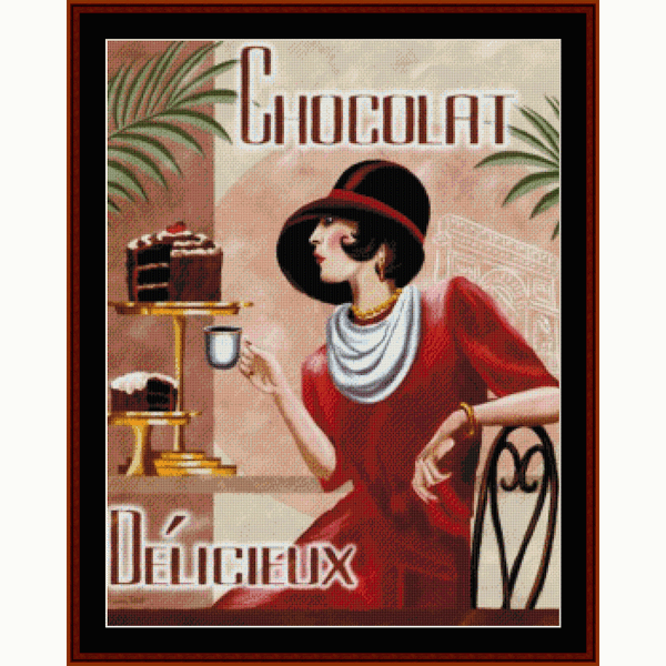 Counted Cross Stitch Pattern by Cross Stitch Collectibles of a vintage poster depicting a woman in a red dress with a hat, sitting next to a table with a cake and a cup, with the text 'Chocolat Délicieux'.