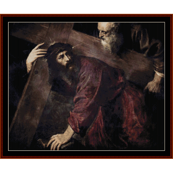 Counted Cross Stitch Pattern by Cross Stitch Collectibles depicting a scene of a man carrying a cross, with another figure looking at it.