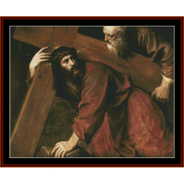 Counted Cross Stitch Pattern – Christ Carrying the Cross by Titian - Cross Stitch Collectibles - A framed religious painting depicting Jesus carrying a wooden cross while another bearded figure supports him