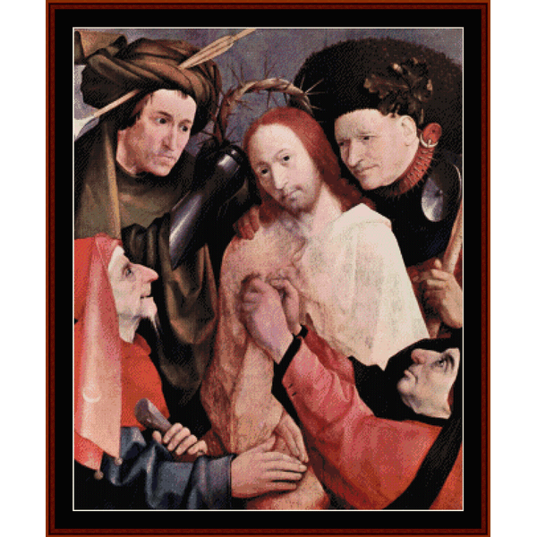 Counted Cross Stitch Pattern by Cross Stitch Collectibles depicting a historical painting scene with multiple characters, predominantly in red and white colors.