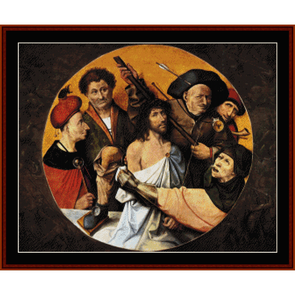 Counted Cross Stitch Pattern by Cross Stitch Collectibles depicting a scene with multiple characters, likely related to a religious or historical theme, based on Hieronymus Bosch's artwork.