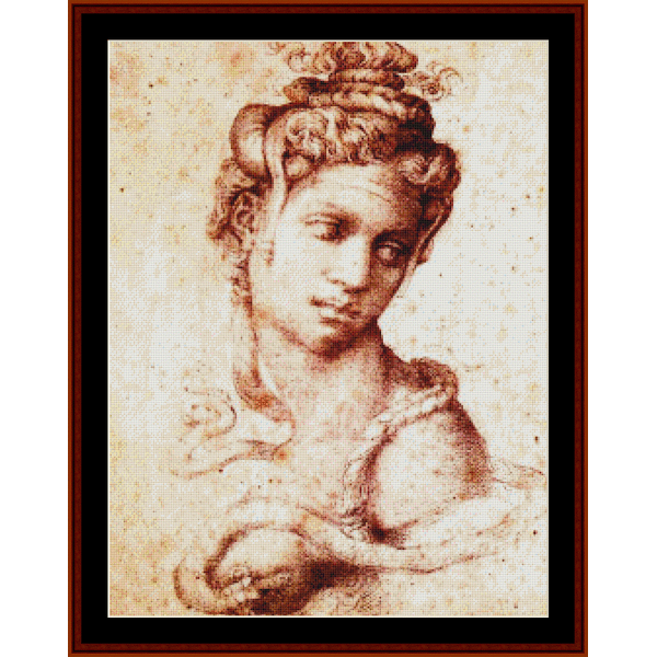 Counted Cross Stitch Pattern by Cross Stitch Collectibles depicting a stylized female figure with flowing hair and a serene expression, set against a warm-toned background.