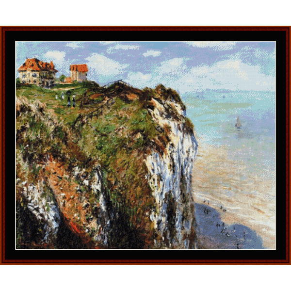 Counted Cross Stitch Pattern by Cross Stitch Collectibles depicting a cliff at Dieppe with a house, trees, and a view of the sea in the background.