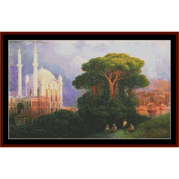 Counted Cross Stitch Pattern – Constantinople, 1851 by Ivan Aivazovsky - Cross Stitch Collectibles - A framed landscape art print depicting a mosque with minarets on the left, a large tree in the center-right, and small seated figures in a park-like setting.
