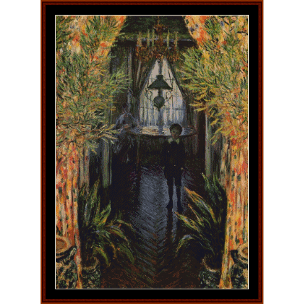 Counted Cross Stitch Pattern by Cross Stitch Collectibles of a Monet painting, featuring a hallway with a lighted lamp and a figure in the foreground.