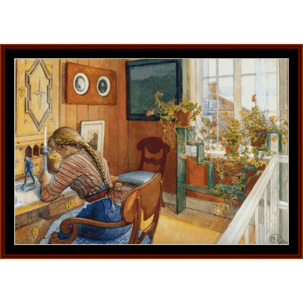 'Correspondence - Carl Larsson' Counted Cross Stitch Pattern by Cross Stitch Collectibles featuring an illustration of a woman seated at a table with a window in the background, surrounded by potted plants.
