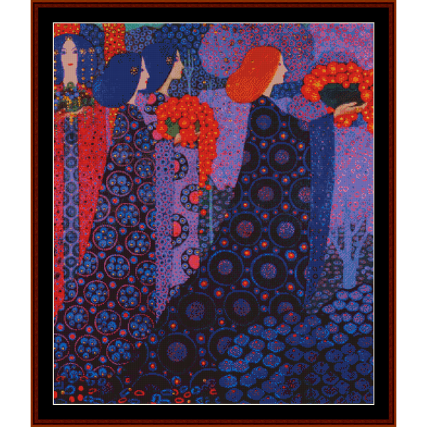 A colorful Counted Cross Stitch Pattern by Cross Stitch Collectibles of a Victorian-era painting featuring figures in ornate clothing with floral patterns.