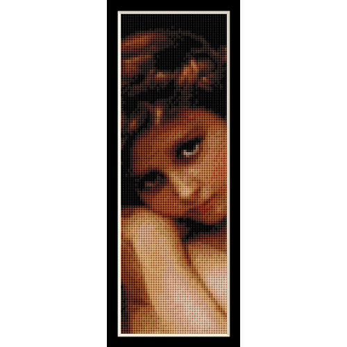 A bookmark Counted Cross Stitch Pattern by Cross Stitch Collectibles depicting a stylized, monochrome portrait of a woman with brown hair and a subtle, artistic background.